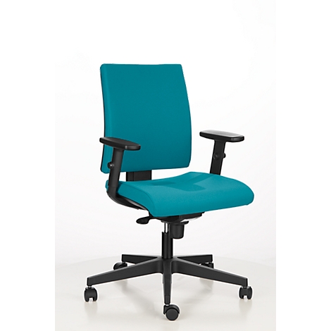 Teal office chair with black armrests, frame and casters on a white background.