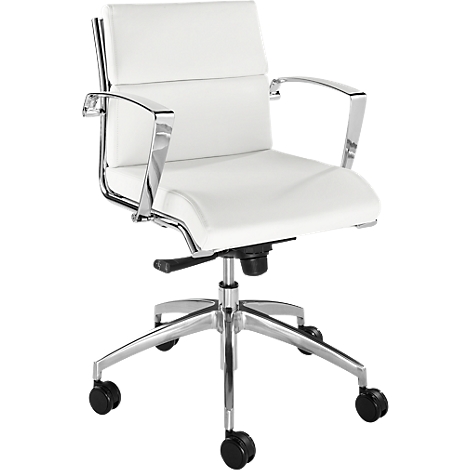 White office chair with chrome armrests and base. The chair stands on casters.
