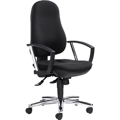 Black office chair with high back and armrests. Metal base with wheels.