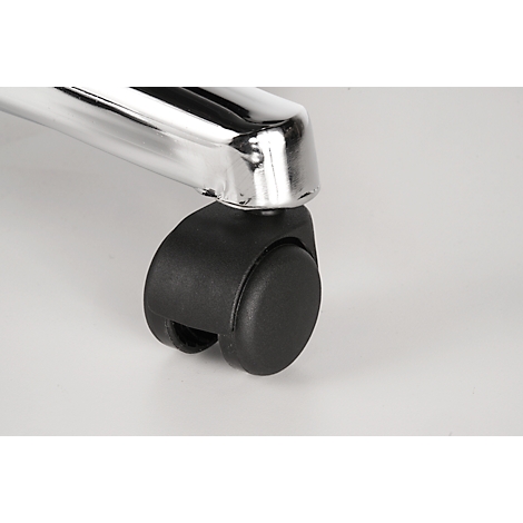 Close-up of a desk chair wheel. The black wheel is attached under a chrome metal foot.