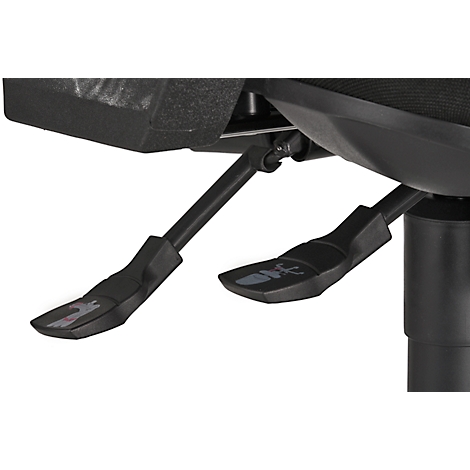 Close-up of levers under a black office chair. Symbols are depicted on the levers.
