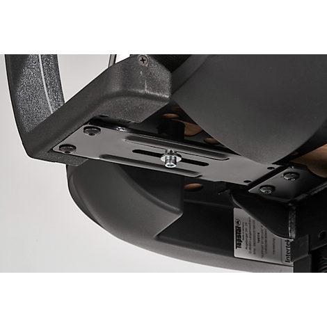 Close-up of the seat attachment of an office chair. Black metal plate with screws and nuts.