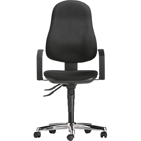 Black office chair on white background. High backrest, armrests, chrome base and castors.