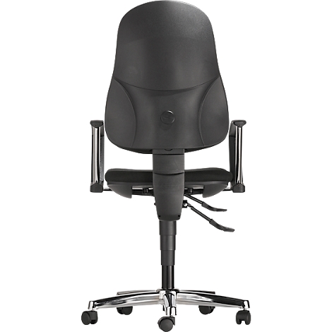 View of the back of an office chair, the seat and backrest are black, the frame and armrests are silver.