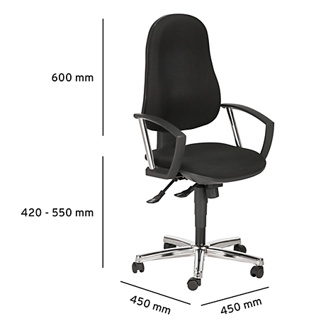 Black office chair with armrests and wheels. Dimensions: 600 mm height, 420-550 mm seat height, 450 mm width and depth.