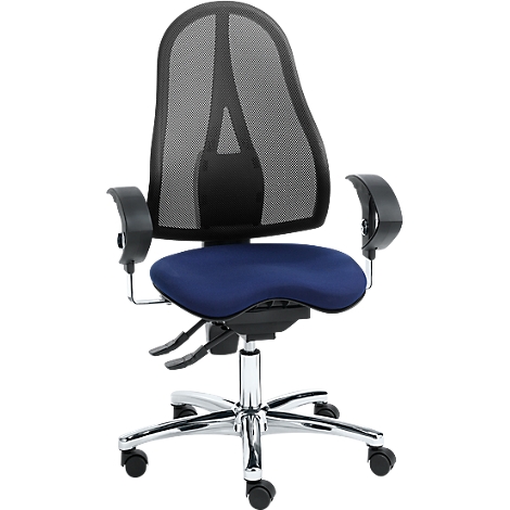 Office chair with black mesh back and blue seat. Chrome frame with castors, armrests.