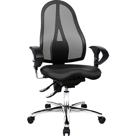 Black office chair with mesh back and adjustable armrests on a chrome base.