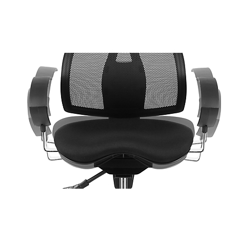 Black office chair with mesh backrest. Dimensions: 550mm height, 430-540mm seat height.