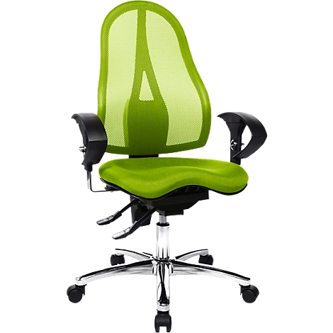 An ergonomic green office chair, with black armrests, on polished chrome frame.