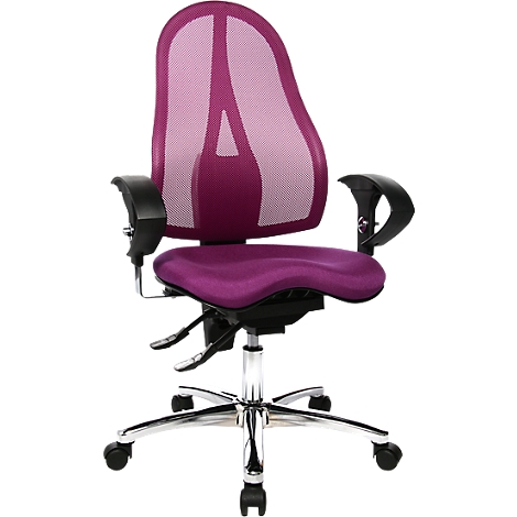Office chair with pink mesh back, pink seat, black armrests, and chrome frame.