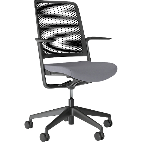 Black office chair with perforated backrest, gray seat and wheeled feet.