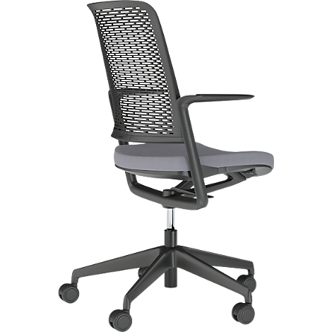 Office chair with mesh back, grey seat, black armrests, and wheels.