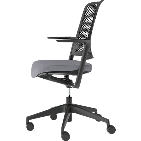 Office chair with mesh back, gray seat, and black armrests and frame, side view.