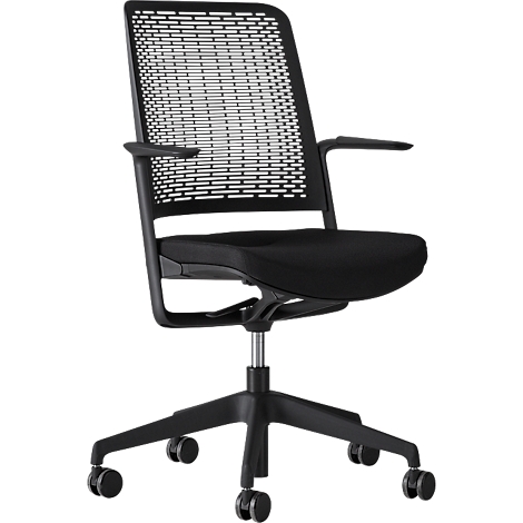 Black office chair, perforated back, armrests, five casters.