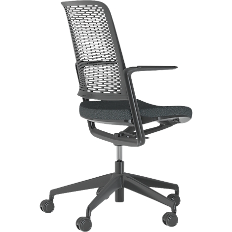Black office chair, side view. The chair has a perforated backrest and armrests. Castors on the underside.