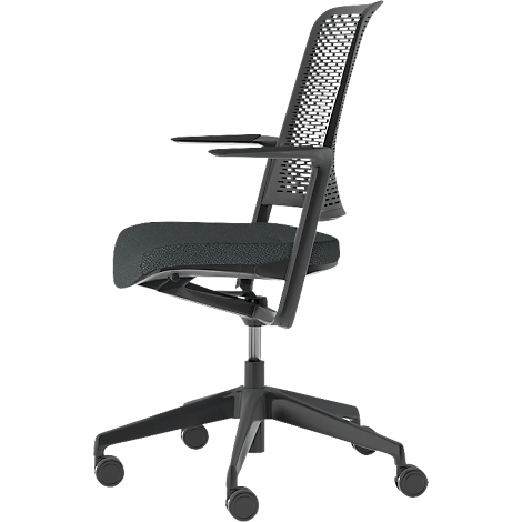 Black office chair with mesh back, armrests, and castors. Side view.