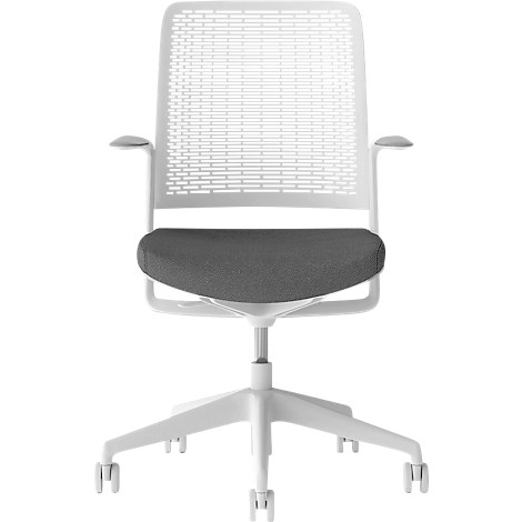White office chair with gray seat and castors, front view.
