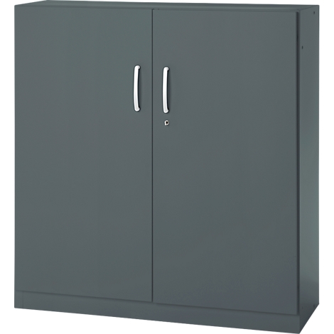 Grey filing cabinet with two doors, silver handles, and lock.