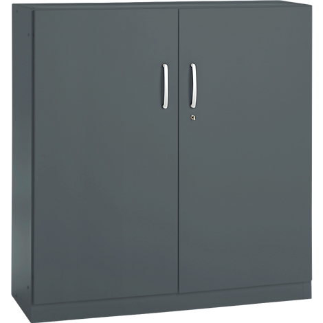 Gray cabinet with two doors. Each door has a silver handle and a keyhole.