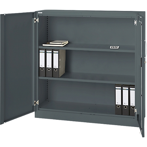 Grey steel cabinet with open doors. Folders, notepad on shelves.