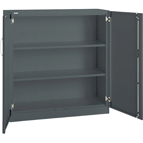 Gray steel cabinet, doors open, three shelves.