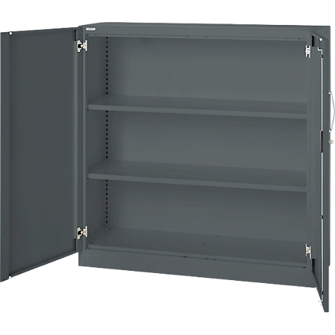 Gray steel cabinet with two open doors. There are three shelves inside. A handle and a lock can be seen on one door.