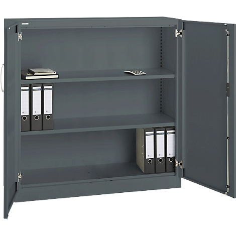 Grey filing cabinet with open door. Interior shelves with files, notepad and calculator.