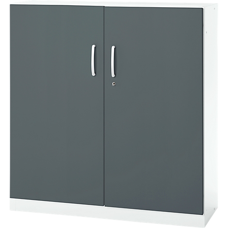 Grey cabinet with white sides, two doors, silver handles and a lock.
