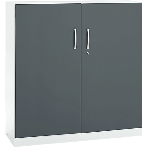 A gray cabinet with white sides. It has two doors with silver handles and a keyhole.