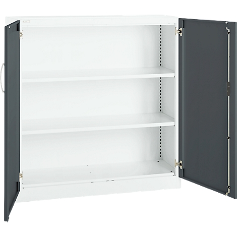 White filing cabinet with open grey doors; three shelves.