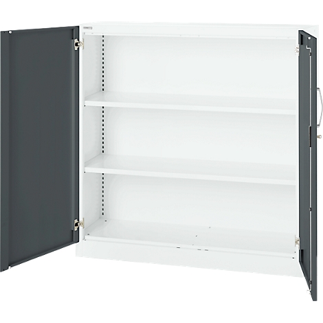 Open cabinet with gray doors and three white shelves. The left door is open, the right one ajar.