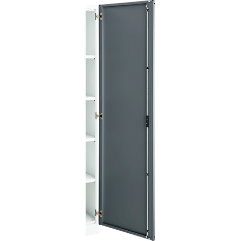 Opened gray cabinet door with adjacent white shelves. Metal hardware and hinges.