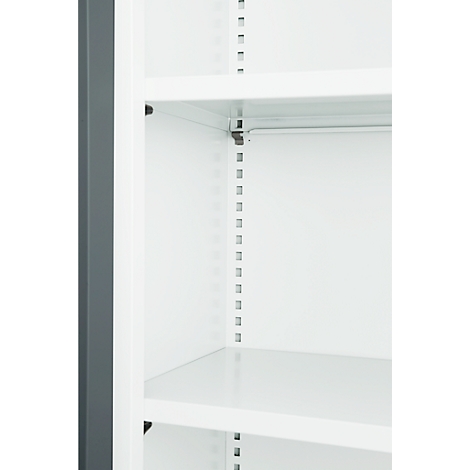 Close-up of a white cabinet with multiple shelves. The inside of the cabinet is empty and the edges are grey.