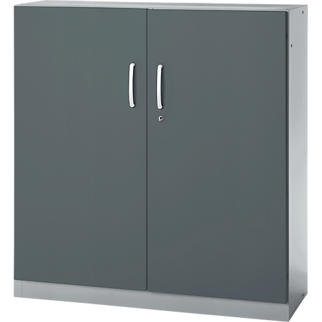 Gray cabinet with two doors. Handles and keyhole. Standing on a light base.