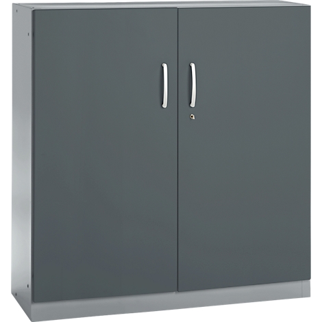 A gray cabinet with two doors, silver handles, and a keyhole.