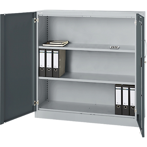 Gray steel cabinet, open doors, inside three compartments with binders and notepad.