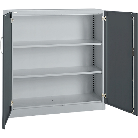 A gray steel cabinet with open doors. Inside, three shelves.