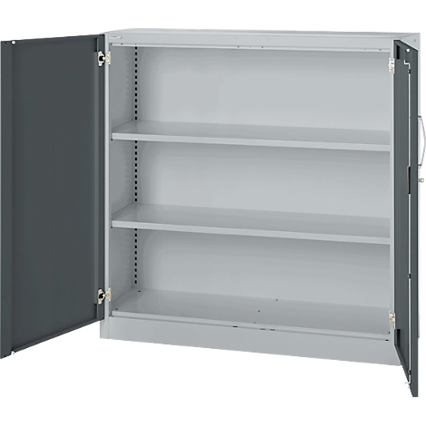 An open grey steel cabinet with three shelves. The left door is open.