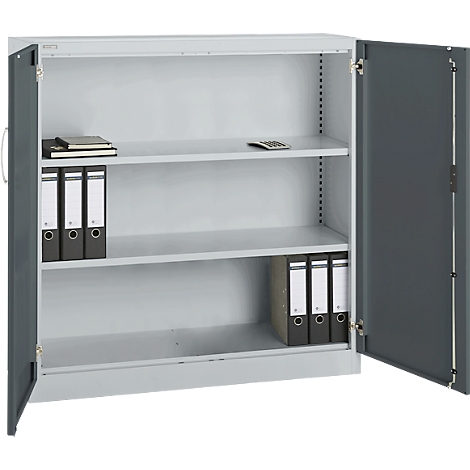 Open, gray file cabinet with folders, notepad, and calculator on the shelves.