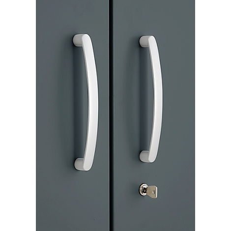 Gray cabinet doors with white curved handles, below a keyhole with key.