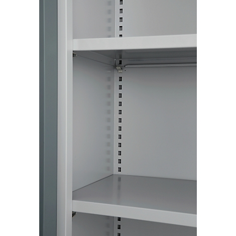 Detailed view of a white cabinet with shelves and a metal construction.