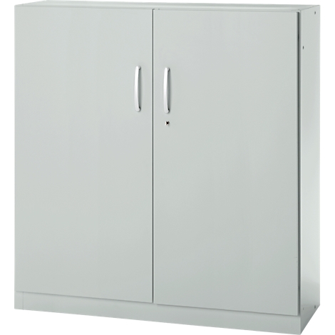 Grey cabinet with two doors, each with a handle and a lock.