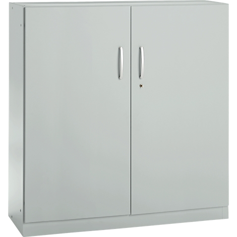 Gray cabinet with two doors, each with a silver handle and a keyhole.