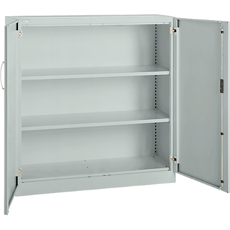 Gray steel cabinet with two open doors. Inside are three shelves.