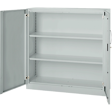 Light gray steel cabinet with open door. Three shelves. Handle and lock.