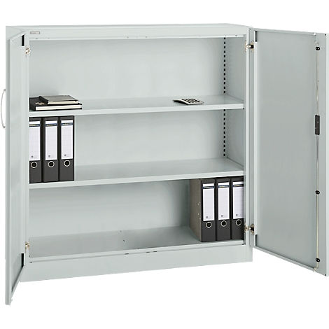 Light grey file cabinet with open doors, filled with binders, notepad, and calculator.
