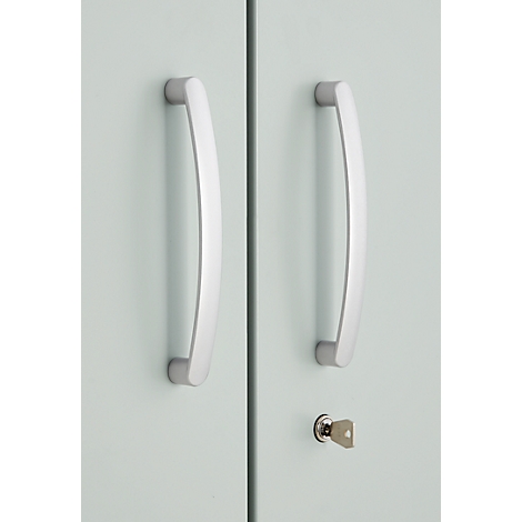 Two silver door handles on a light blue cabinet door, below a keyhole with key.