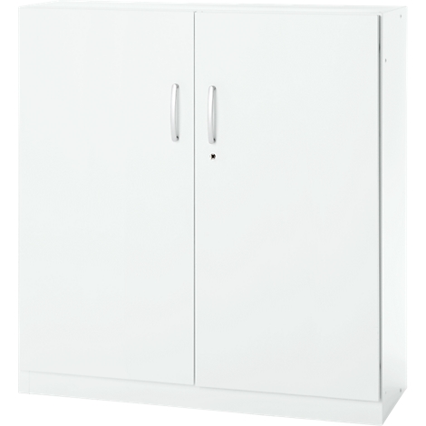 White cabinet with two doors and silver handles.