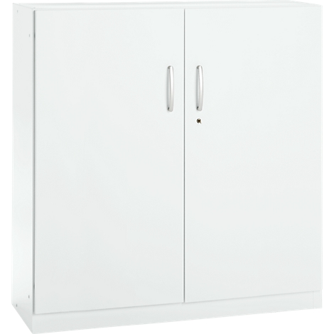 White cabinet with two doors, silver handles, and a lock.