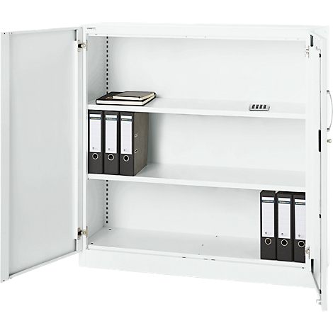 White file cabinet with open doors, holding file folders and notebooks on the shelves.